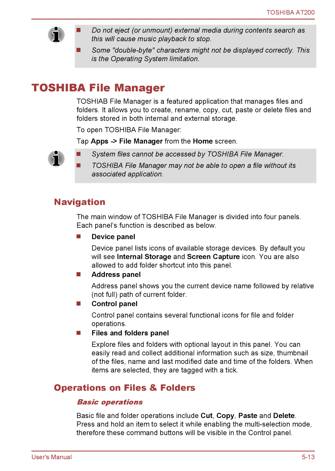 Toshiba AT200 user manual Toshiba File Manager, Navigation, Operations on Files & Folders, Basic operations 