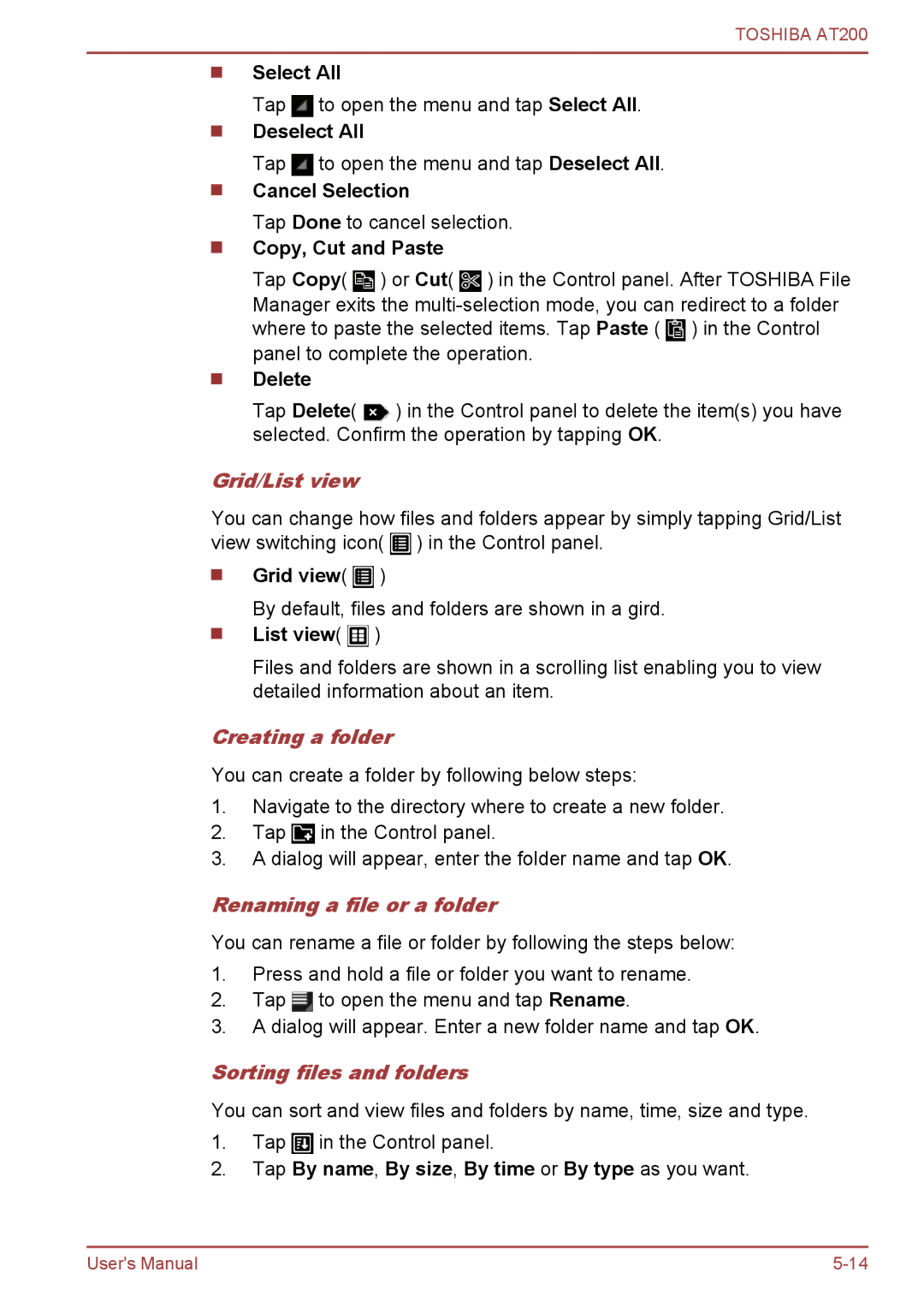 Toshiba AT200 user manual Grid/List view, Creating a folder, Renaming a file or a folder, Sorting files and folders 