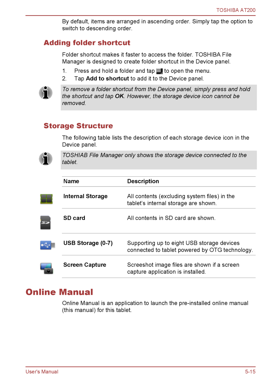 Toshiba AT200 user manual Online Manual, Adding folder shortcut, Storage Structure, NameDescription, SD card 