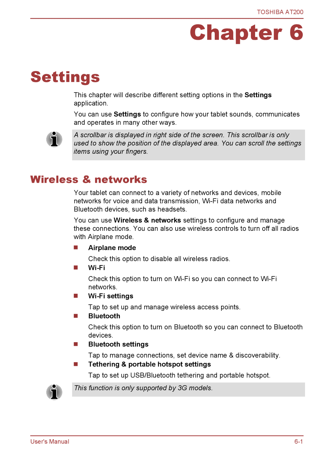 Toshiba AT200 Settings, Wireless & networks, Wi-Fi settings, Bluetooth settings, Tethering & portable hotspot settings 