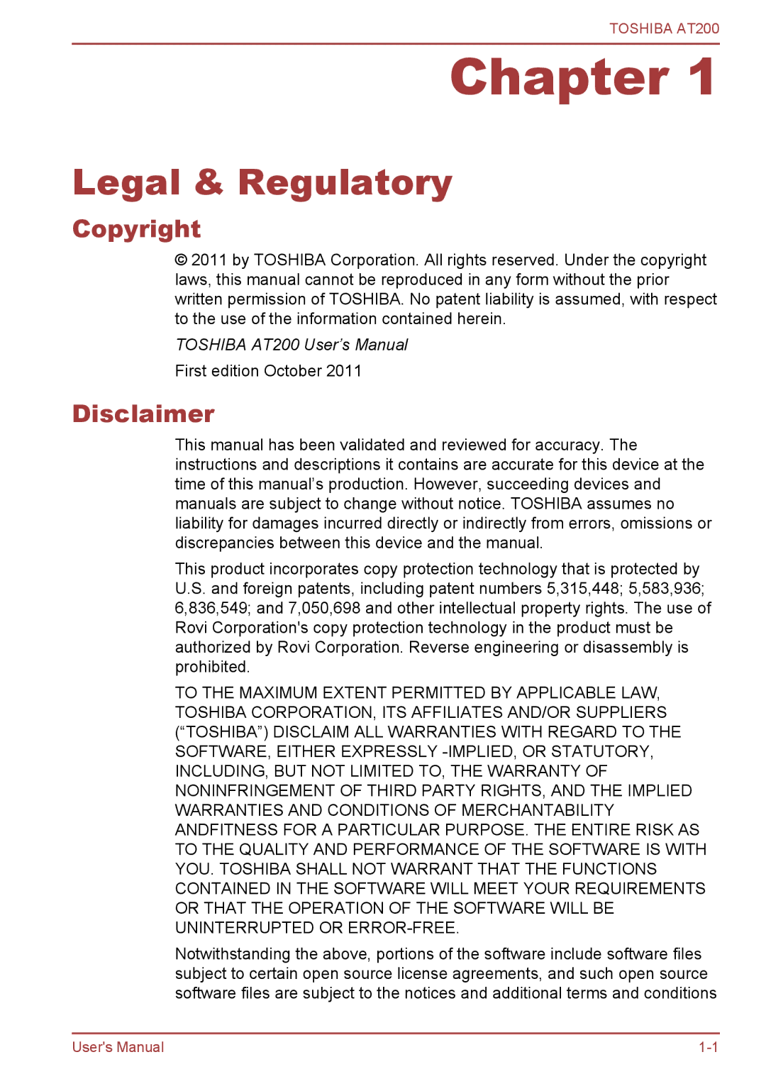 Toshiba AT200 user manual Legal & Regulatory, Copyright, Disclaimer 