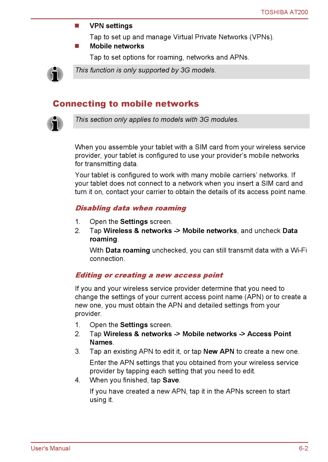 Toshiba AT200 Connecting to mobile networks, Disabling data when roaming, Editing or creating a new access point 