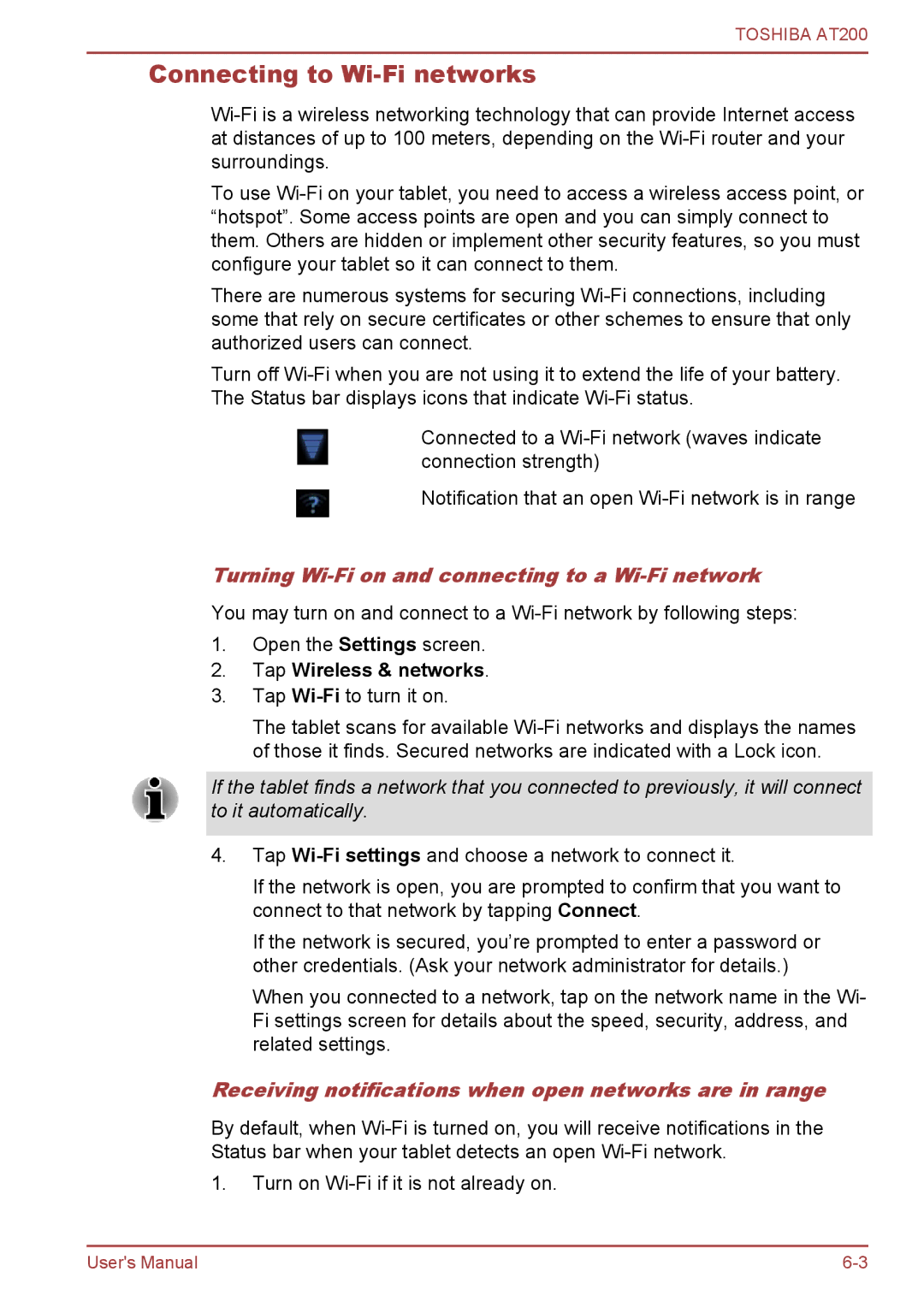 Toshiba AT200 Connecting to Wi-Fi networks, Turning Wi-Fi on and connecting to a Wi-Fi network, Tap Wireless & networks 