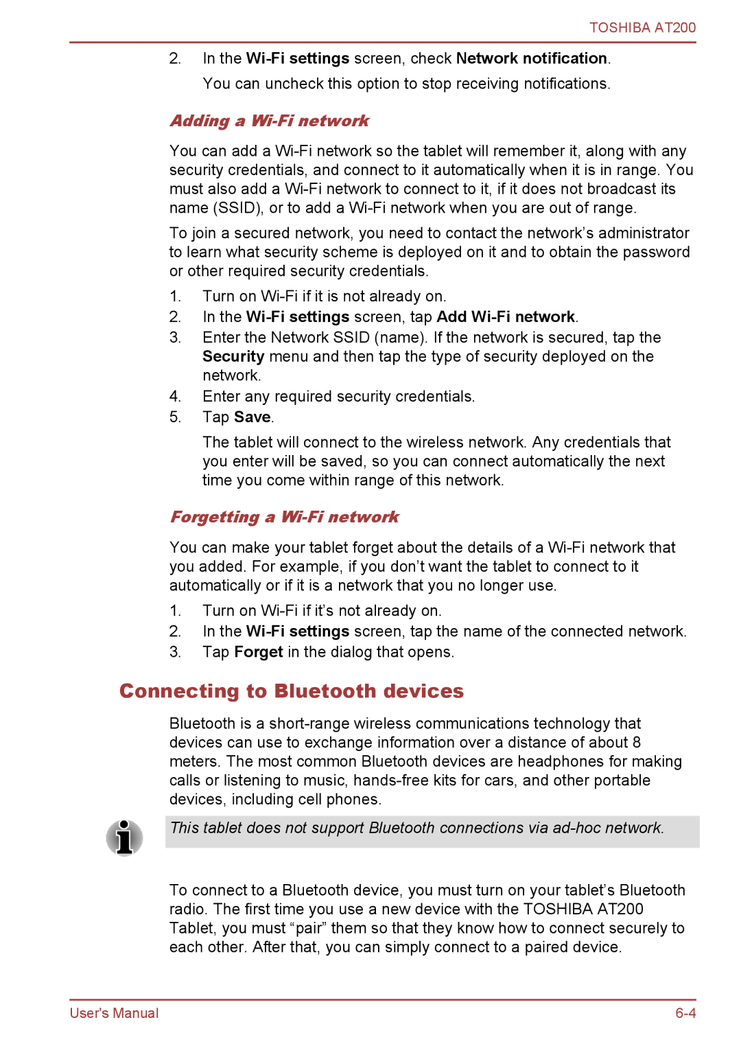 Toshiba AT200 Connecting to Bluetooth devices, Adding a Wi-Fi network, Wi-Fi settings screen, tap Add Wi-Fi network 