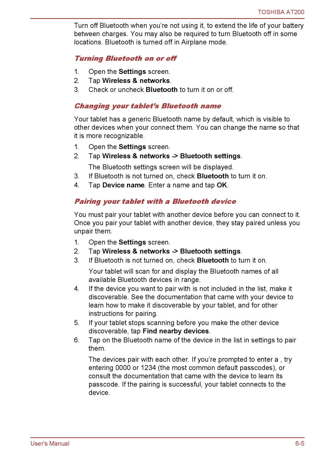 Toshiba AT200 user manual Turning Bluetooth on or off, Changing your tablet’s Bluetooth name 