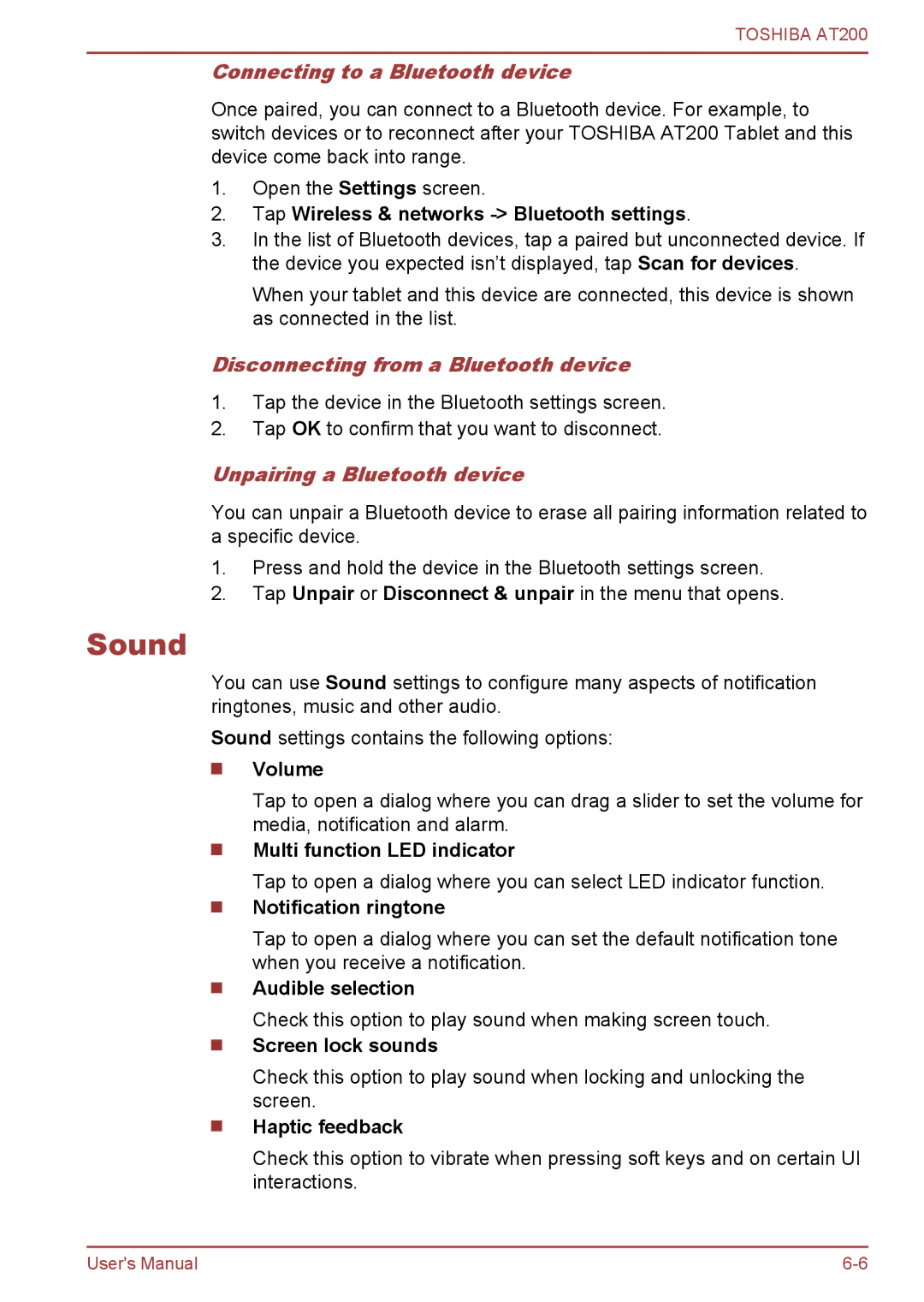 Toshiba AT200 Sound, Connecting to a Bluetooth device, Disconnecting from a Bluetooth device, Unpairing a Bluetooth device 