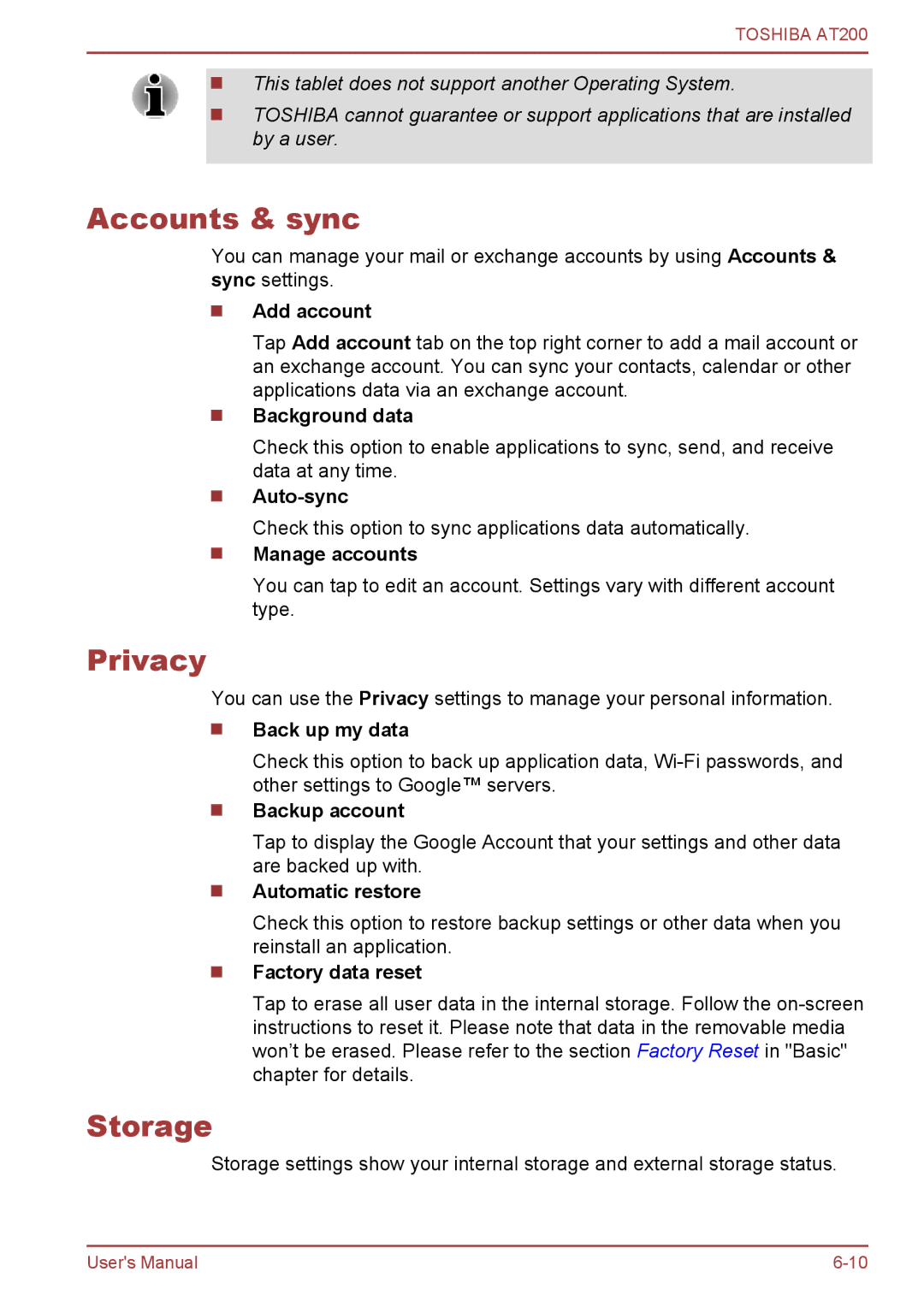 Toshiba AT200 user manual Accounts & sync, Privacy, Storage 