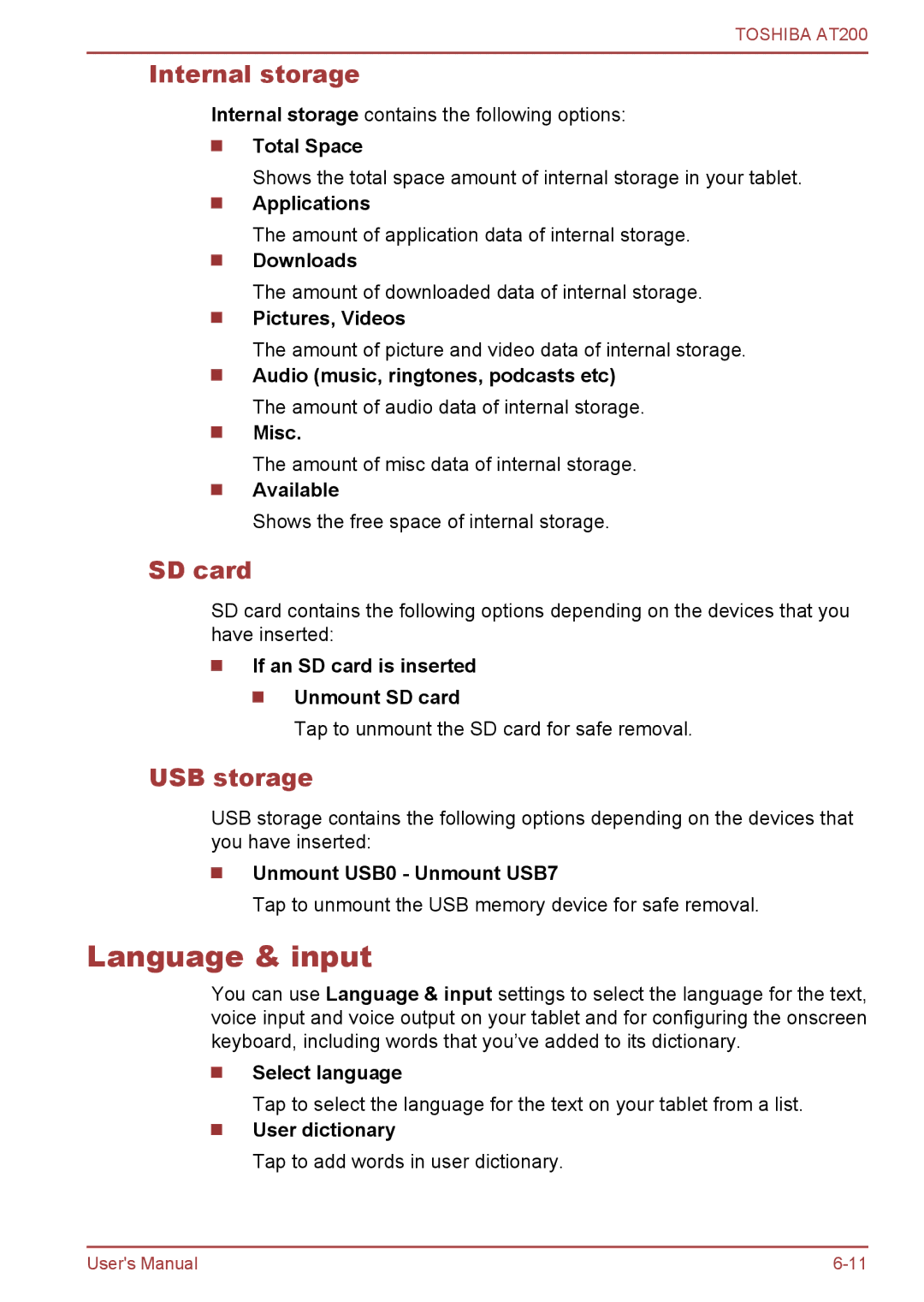 Toshiba AT200 user manual Language & input, Internal storage, SD card, USB storage 