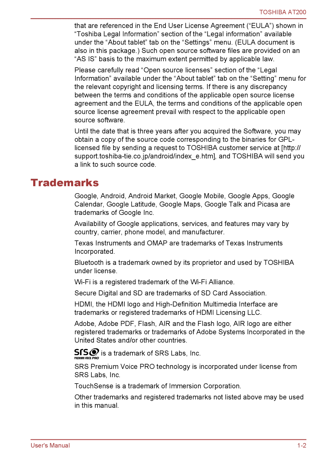 Toshiba AT200 user manual Trademarks 