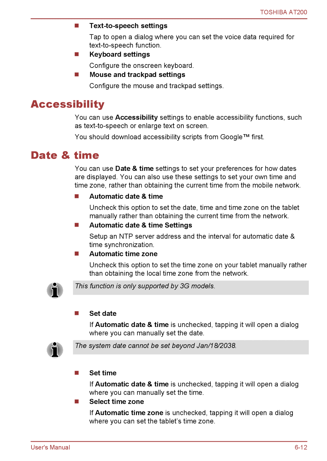 Toshiba AT200 user manual Accessibility, Date & time 