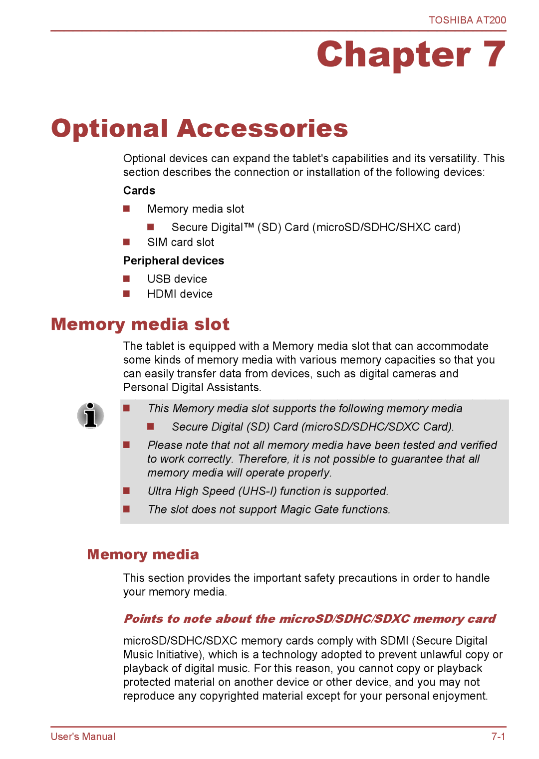 Toshiba AT200 user manual Optional Accessories, Memory media slot, Points to note about the microSD/SDHC/SDXC memory card 