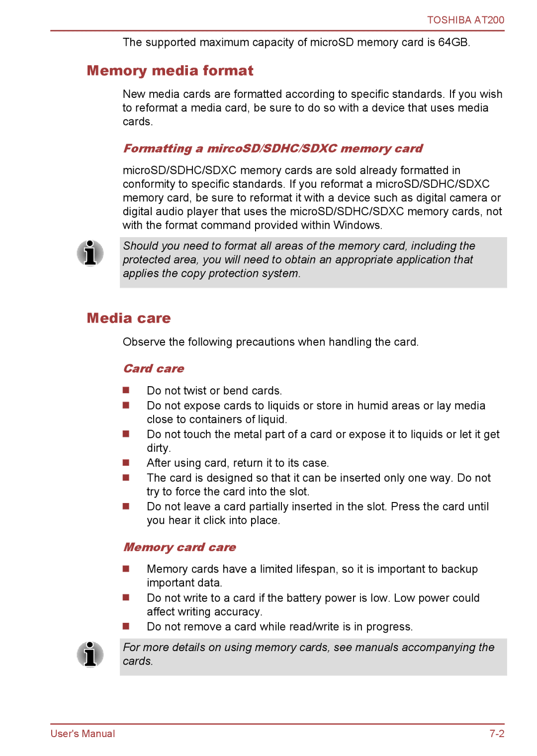 Toshiba AT200 Memory media format, Media care, Formatting a mircoSD/SDHC/SDXC memory card, Card care, Memory card care 