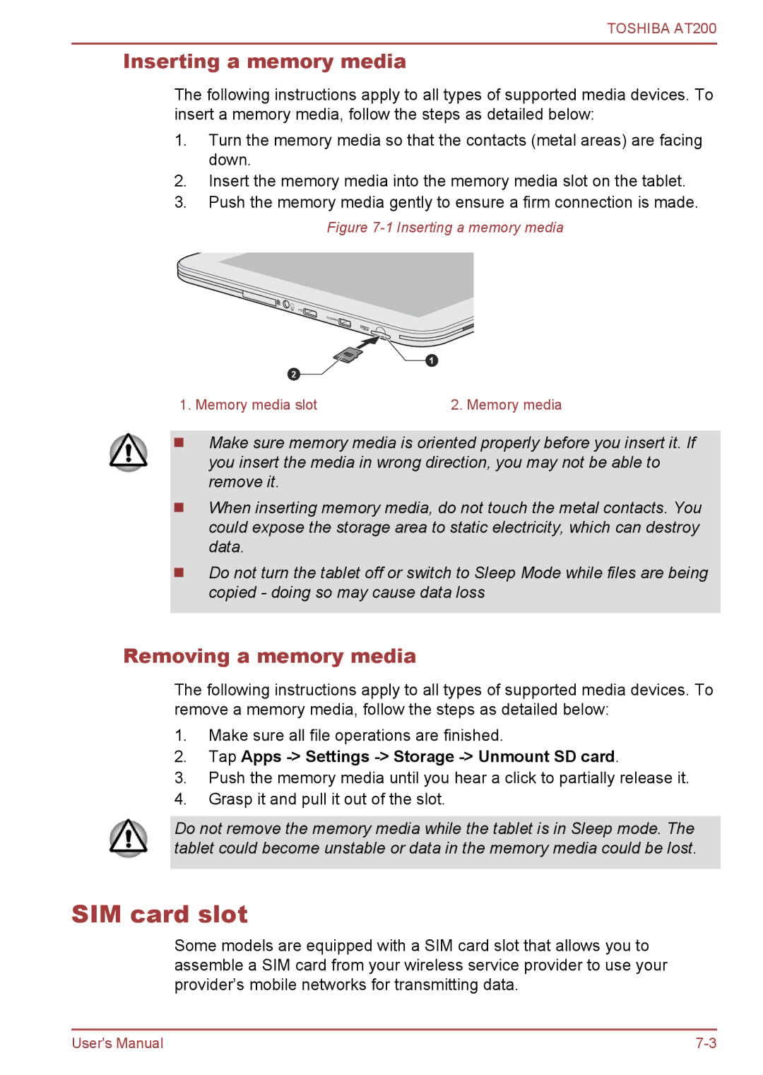 Toshiba AT200 SIM card slot, Inserting a memory media, Removing a memory media, Tap Apps Settings Storage Unmount SD card 