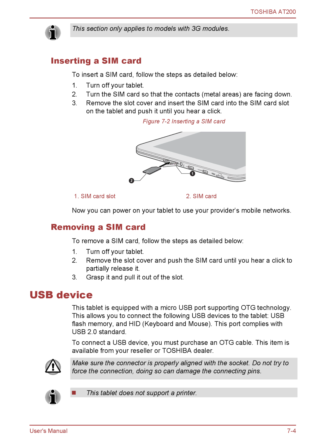 Toshiba AT200 user manual USB device, Inserting a SIM card, Removing a SIM card 