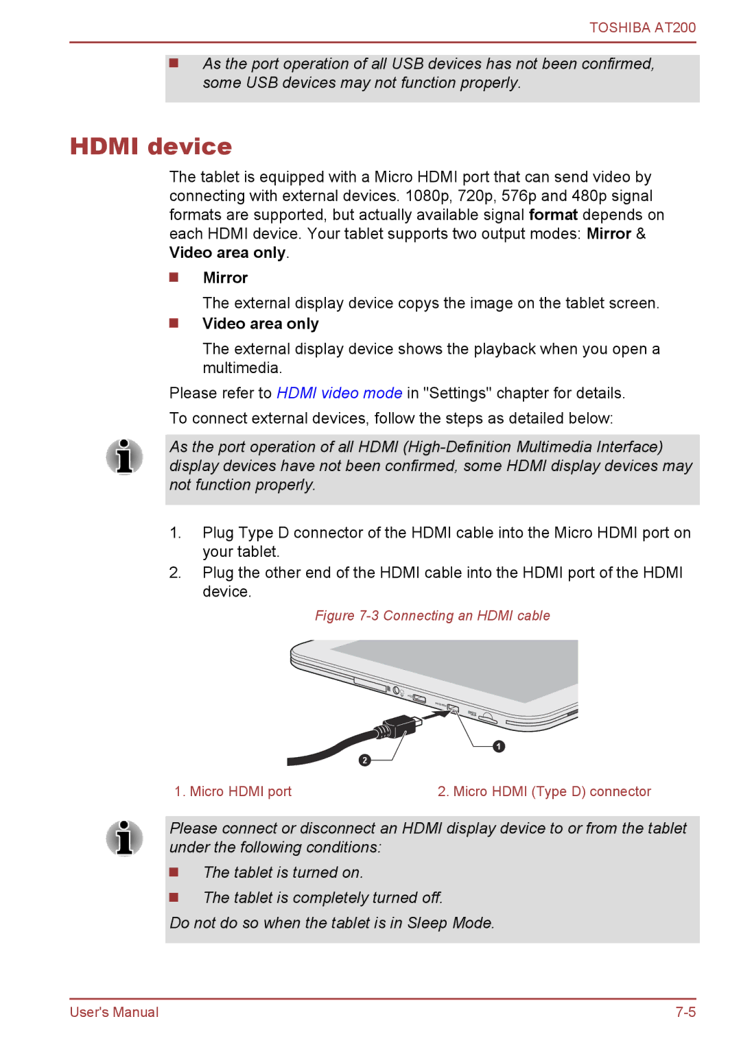 Toshiba AT200 user manual Hdmi device, Mirror, Video area only 