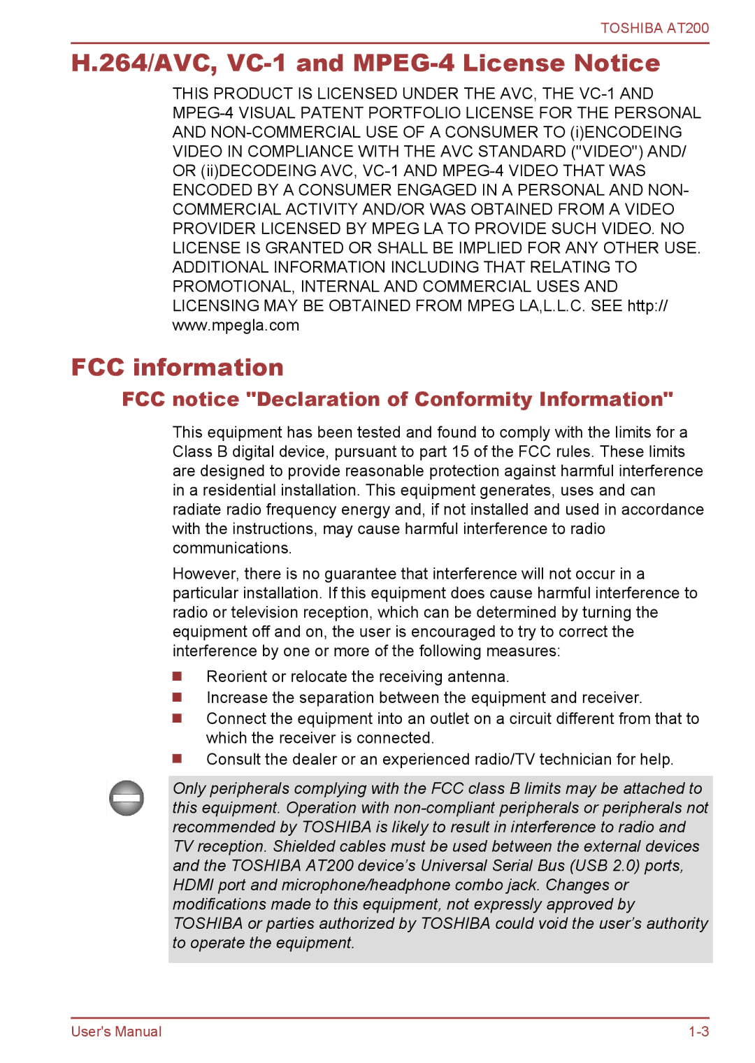 Toshiba AT200 264/AVC, VC-1 and MPEG-4 License Notice, FCC information, FCC notice Declaration of Conformity Information 