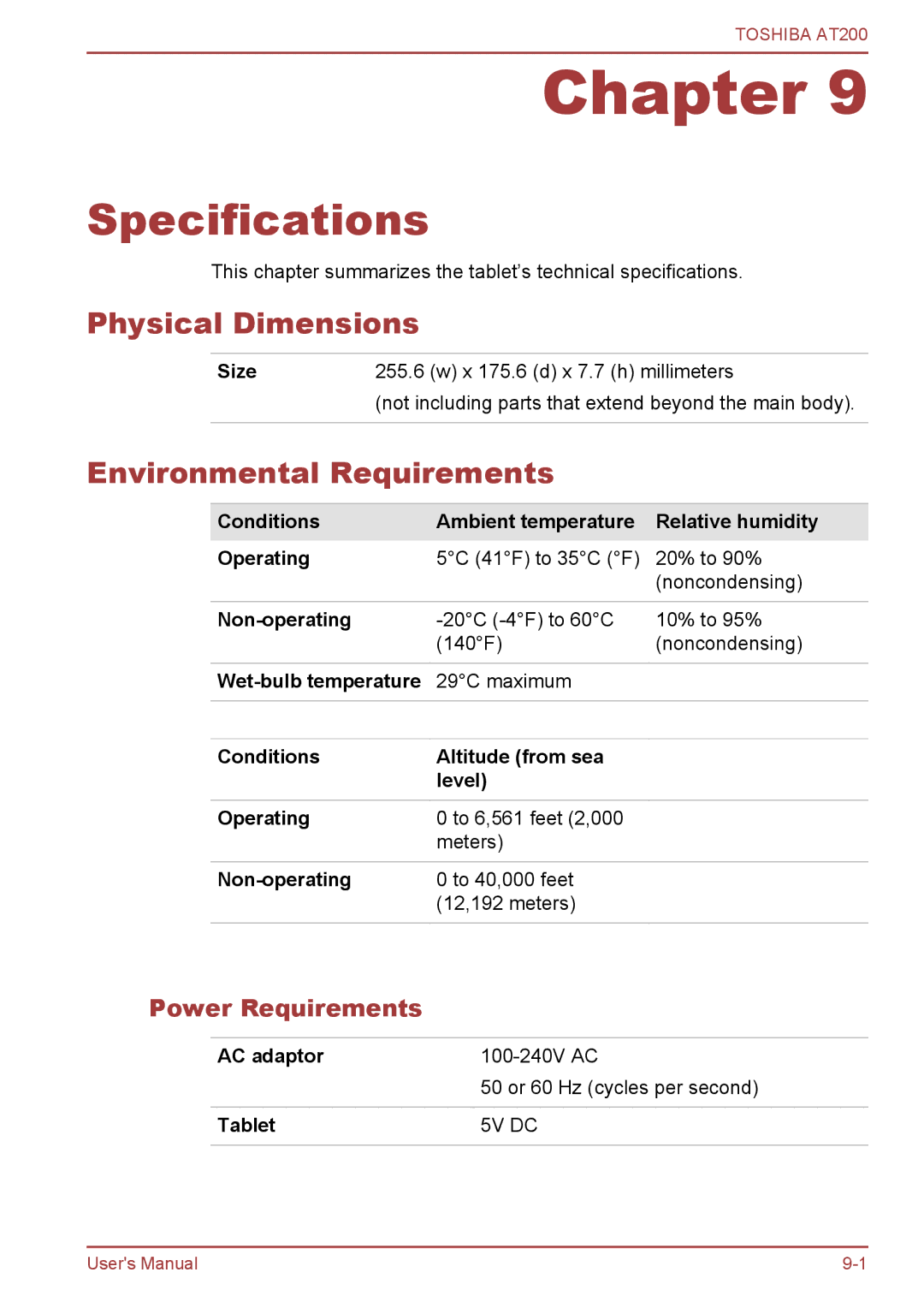 Toshiba AT200 user manual Specifications, Physical Dimensions, Environmental Requirements, Power Requirements 