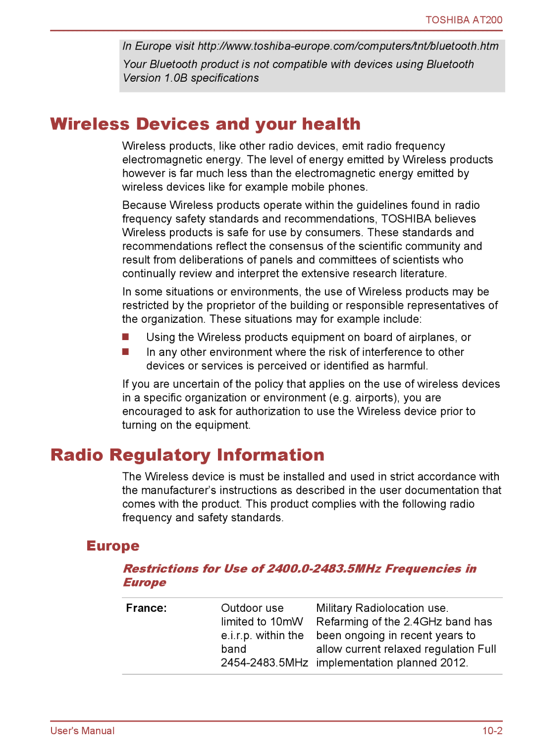 Toshiba AT200 user manual Wireless Devices and your health, Radio Regulatory Information, Europe, France 