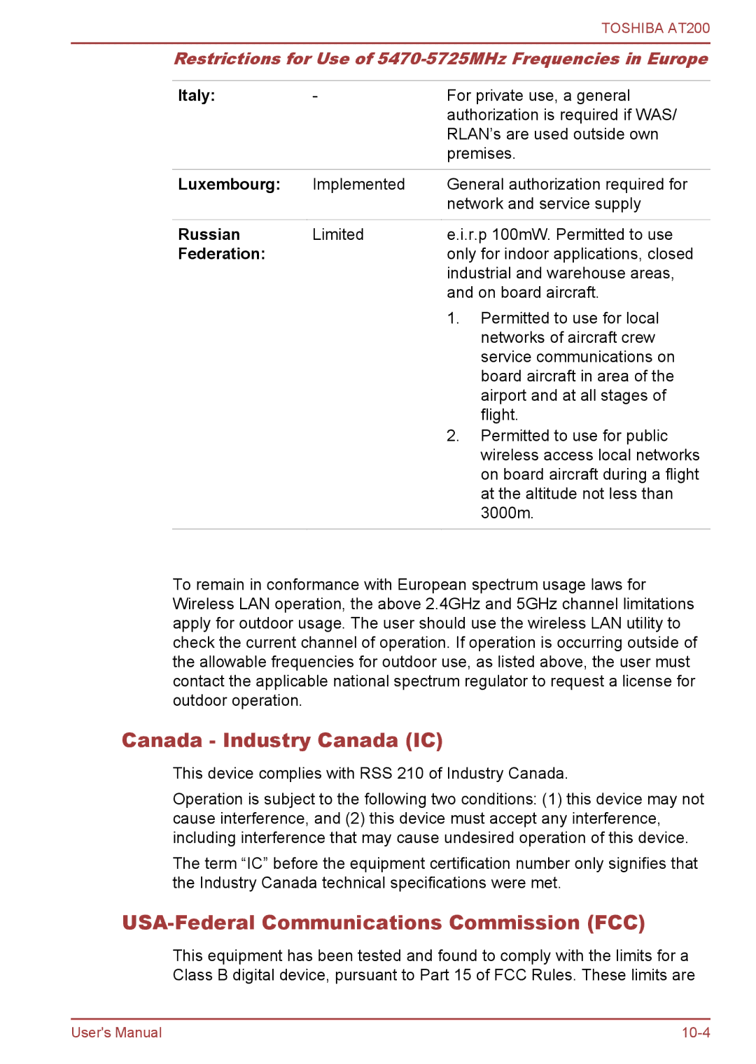 Toshiba AT200 user manual Canada Industry Canada IC, USA-Federal Communications Commission FCC 