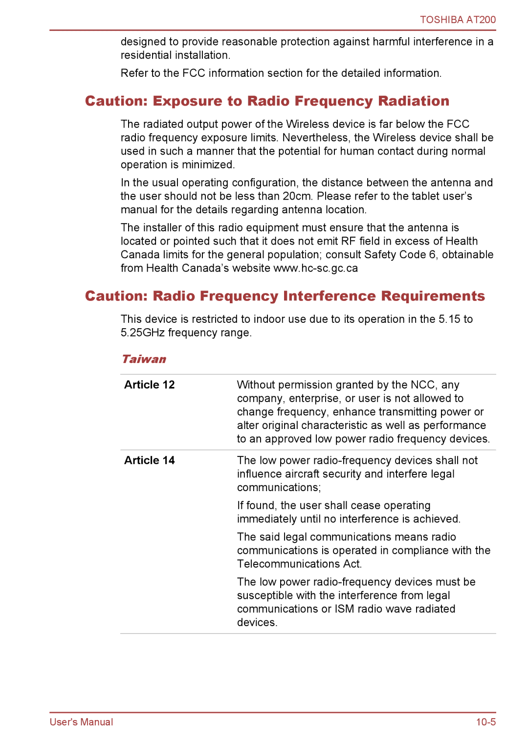 Toshiba AT200 user manual Taiwan, Article 