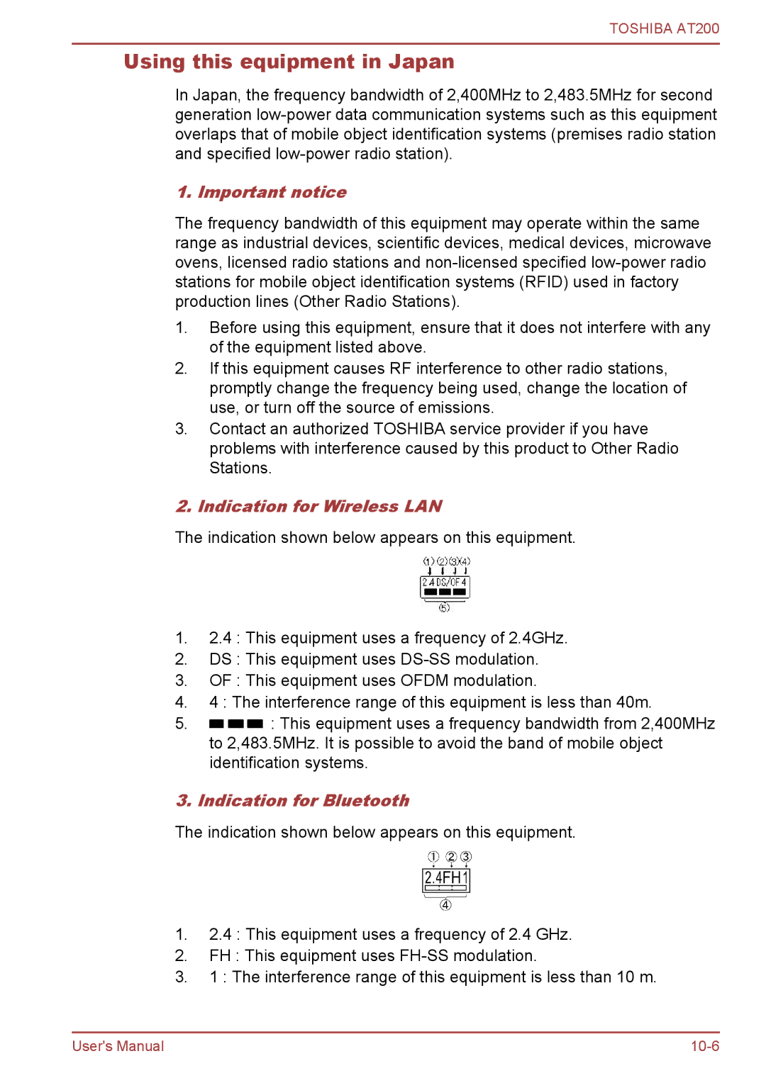 Toshiba AT200 Using this equipment in Japan, Important notice, Indication for Wireless LAN, Indication for Bluetooth 