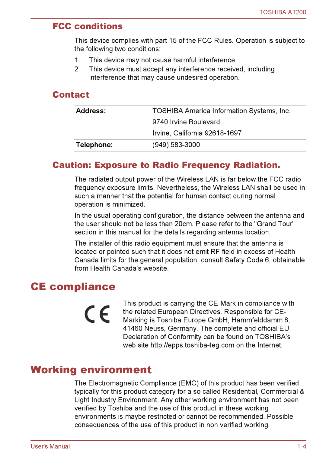 Toshiba AT200 user manual CE compliance Working environment, FCC conditions, Contact, Address, Telephone 