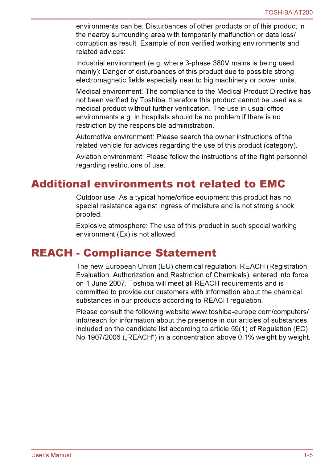 Toshiba AT200 user manual Additional environments not related to EMC, Reach Compliance Statement 