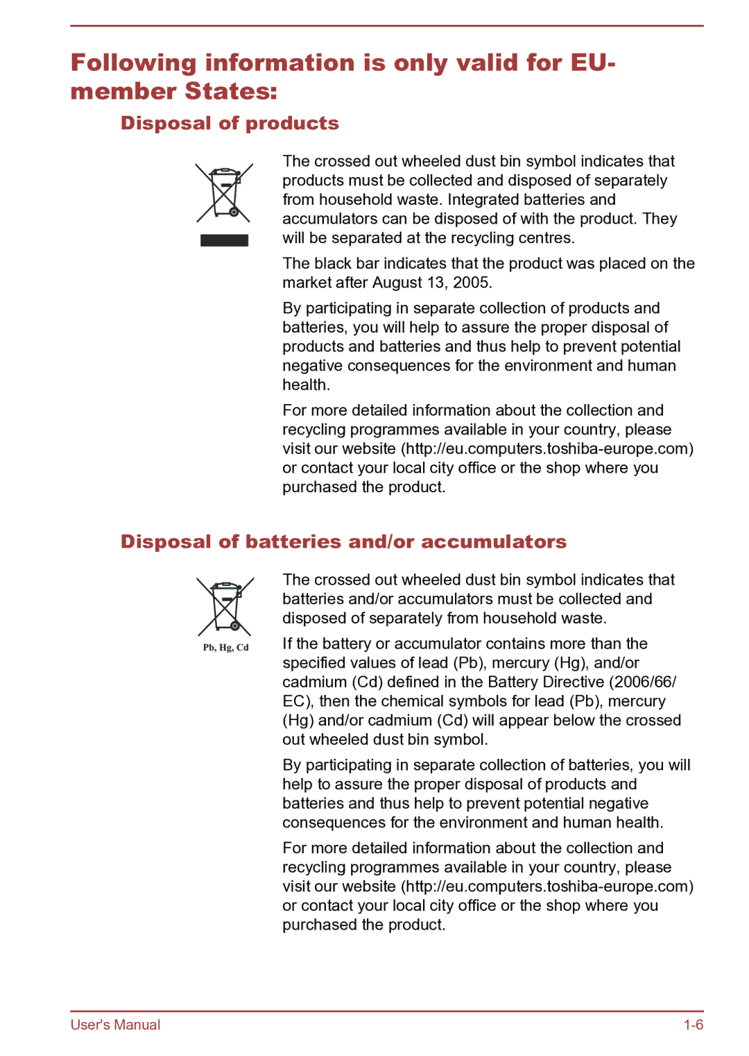 Toshiba AT270 user manual Following information is only valid for EU- member States, Disposal of products 