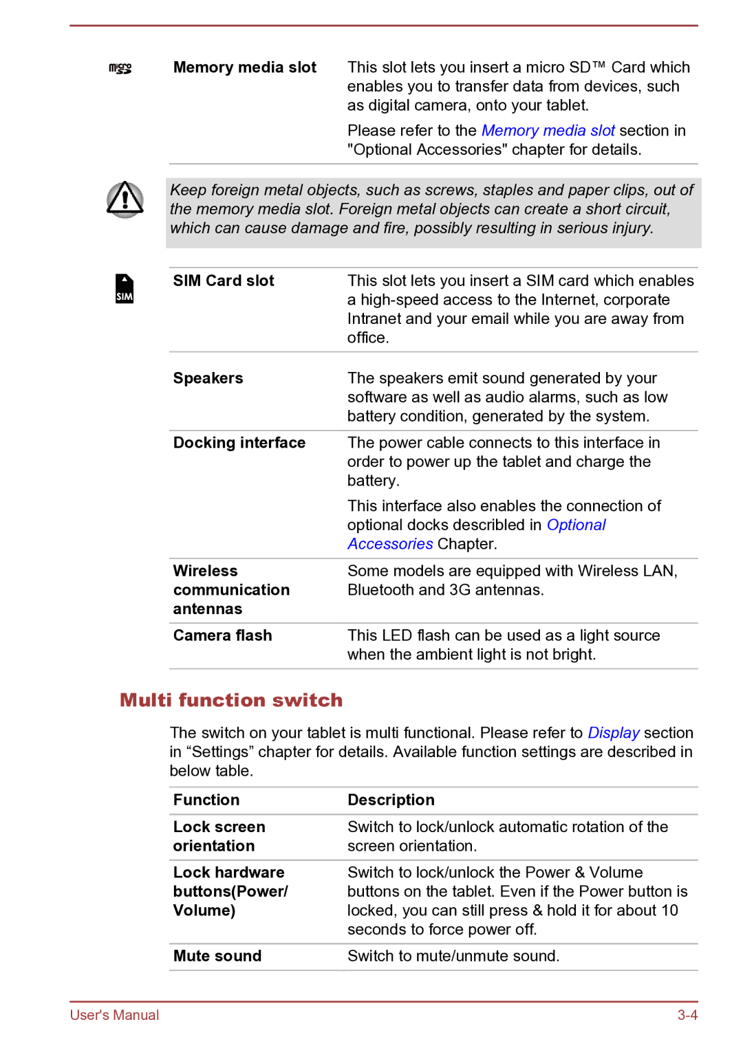 Toshiba AT270 user manual Multi function switch 