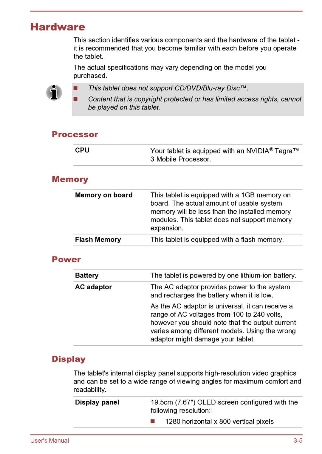 Toshiba AT270 user manual Hardware, Processor, Memory, Power, Display 