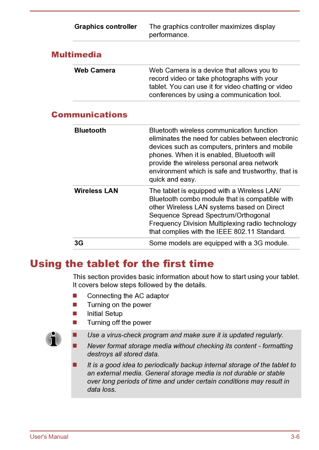 Toshiba AT270 user manual Using the tablet for the first time, Multimedia, Communications 