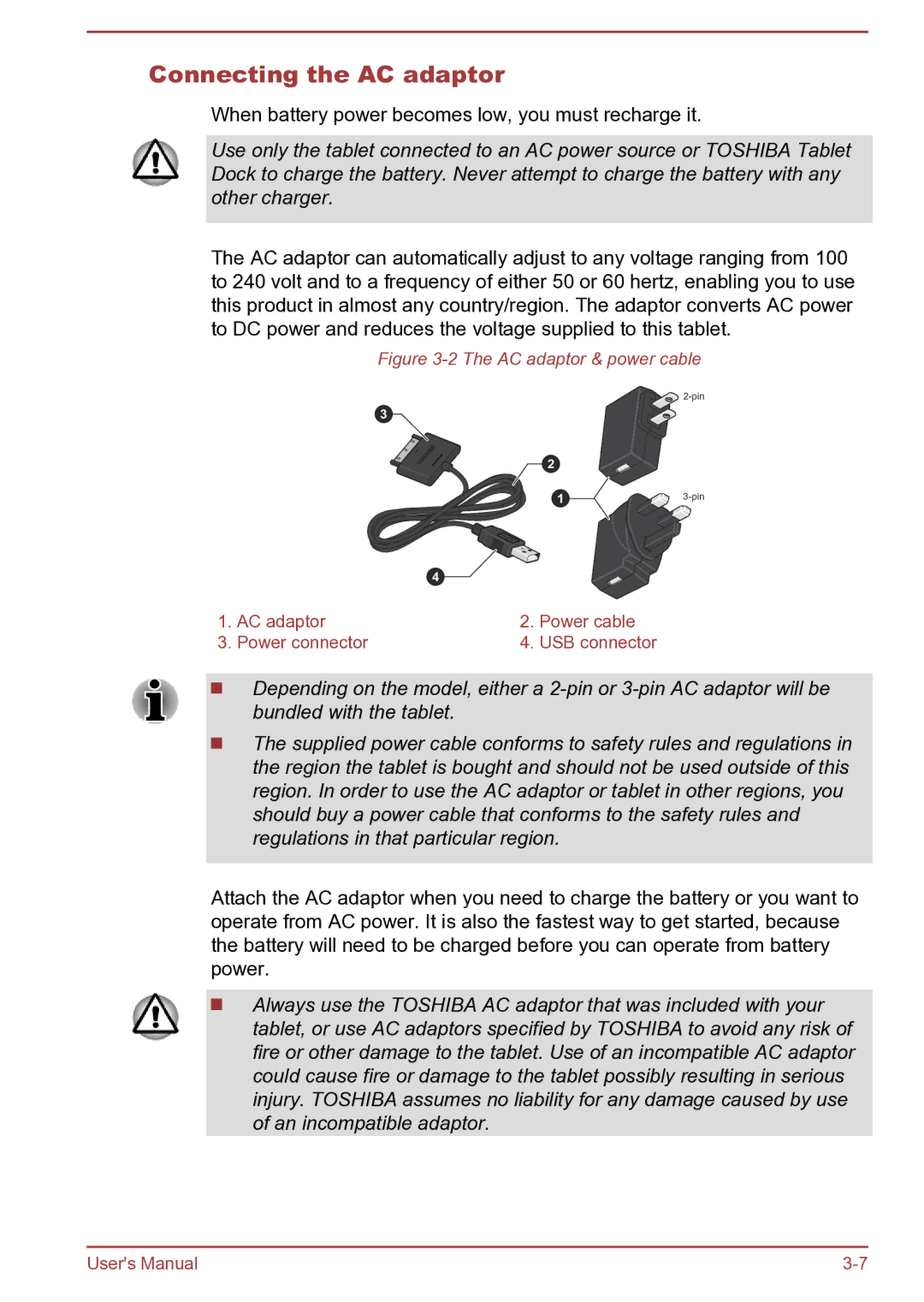 Toshiba AT270 user manual Connecting the AC adaptor, AC adaptor & power cable 