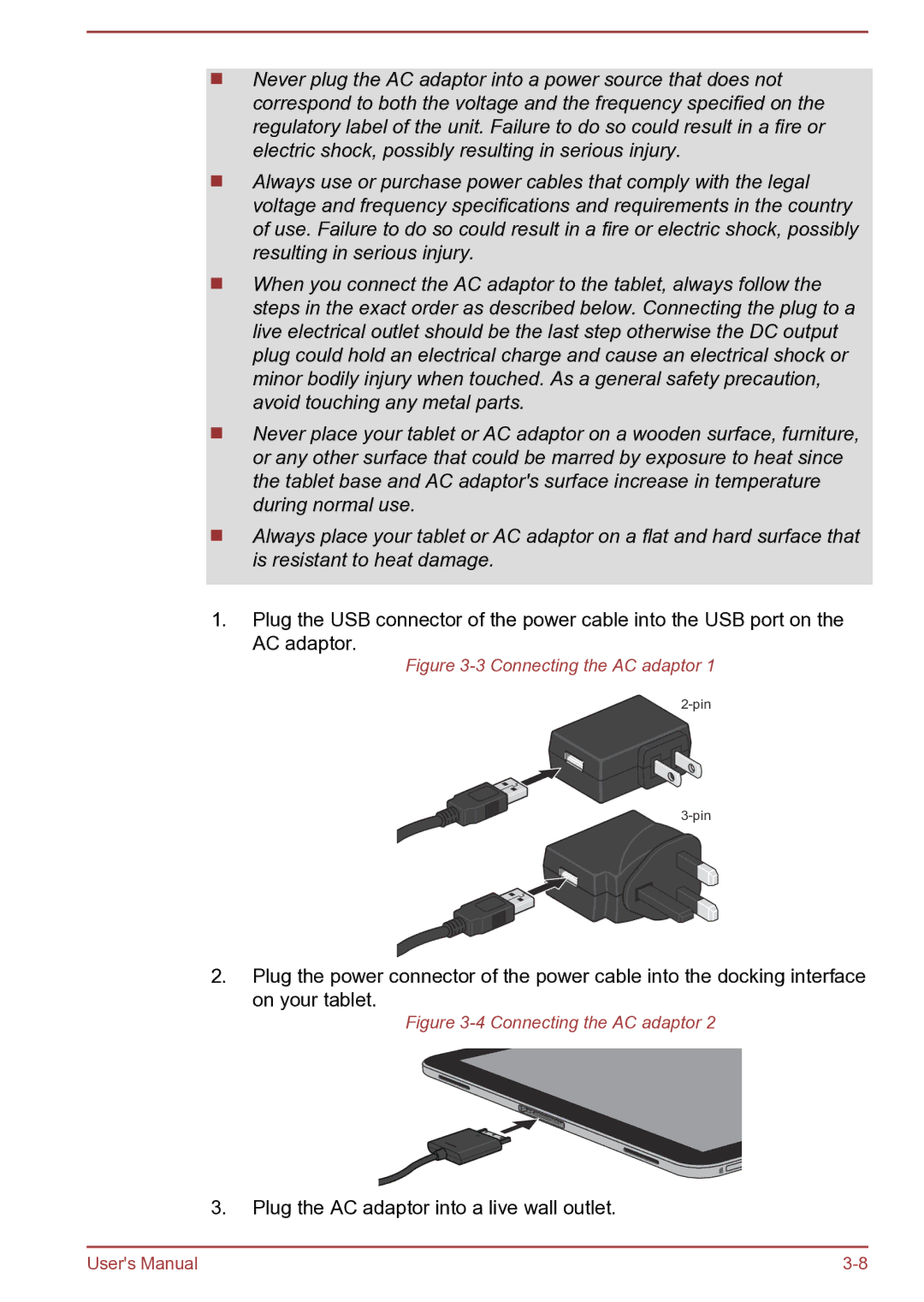 Toshiba AT270 user manual Plug the AC adaptor into a live wall outlet 