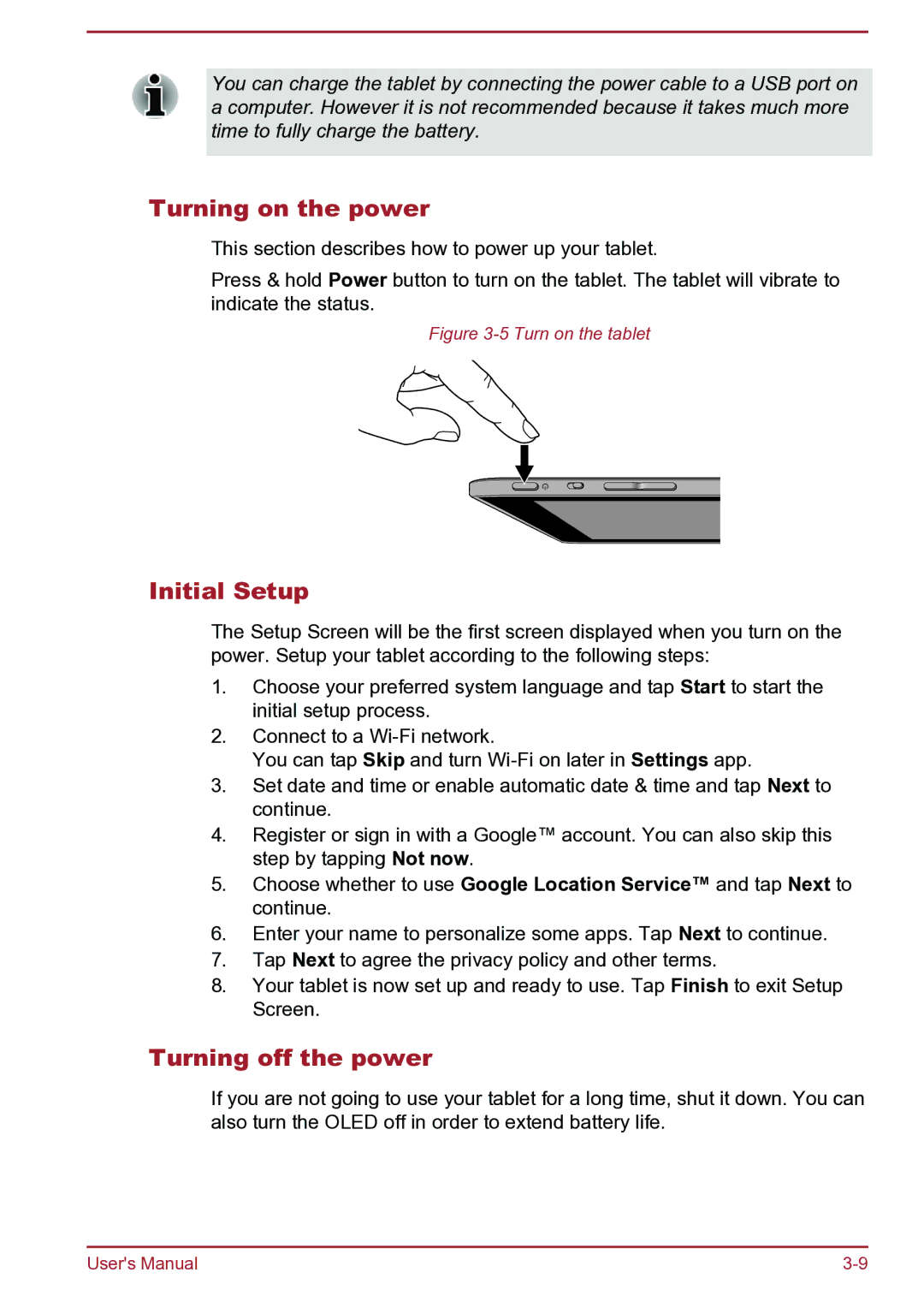 Toshiba AT270 user manual Turning on the power, Initial Setup, Turning off the power 