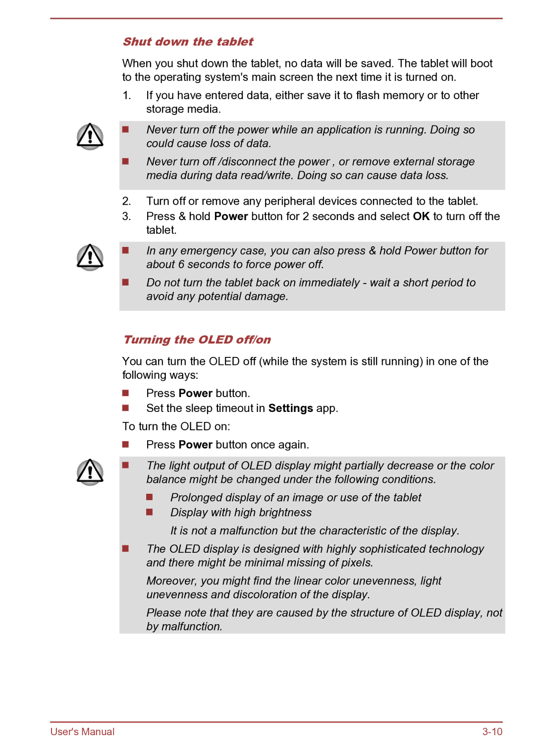 Toshiba AT270 user manual Shut down the tablet, Turning the Oled off/on 