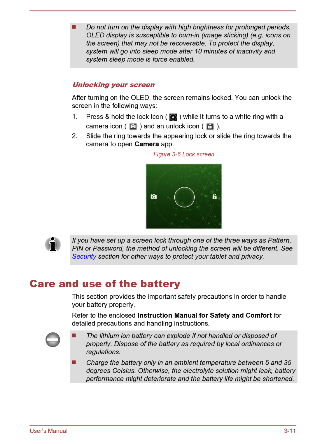 Toshiba AT270 user manual Care and use of the battery, Unlocking your screen 