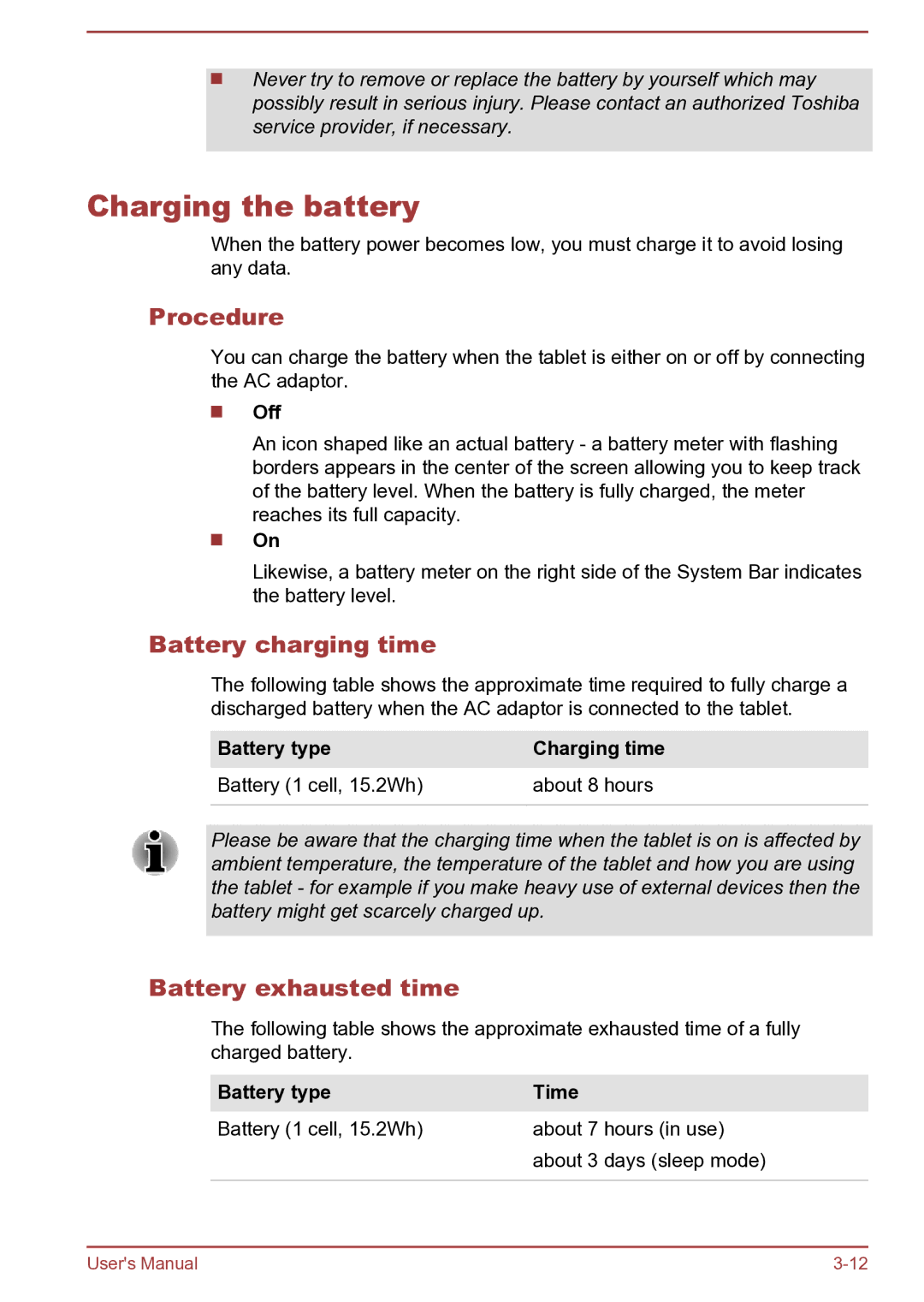 Toshiba AT270 user manual Charging the battery, Procedure, Battery charging time, Battery exhausted time 