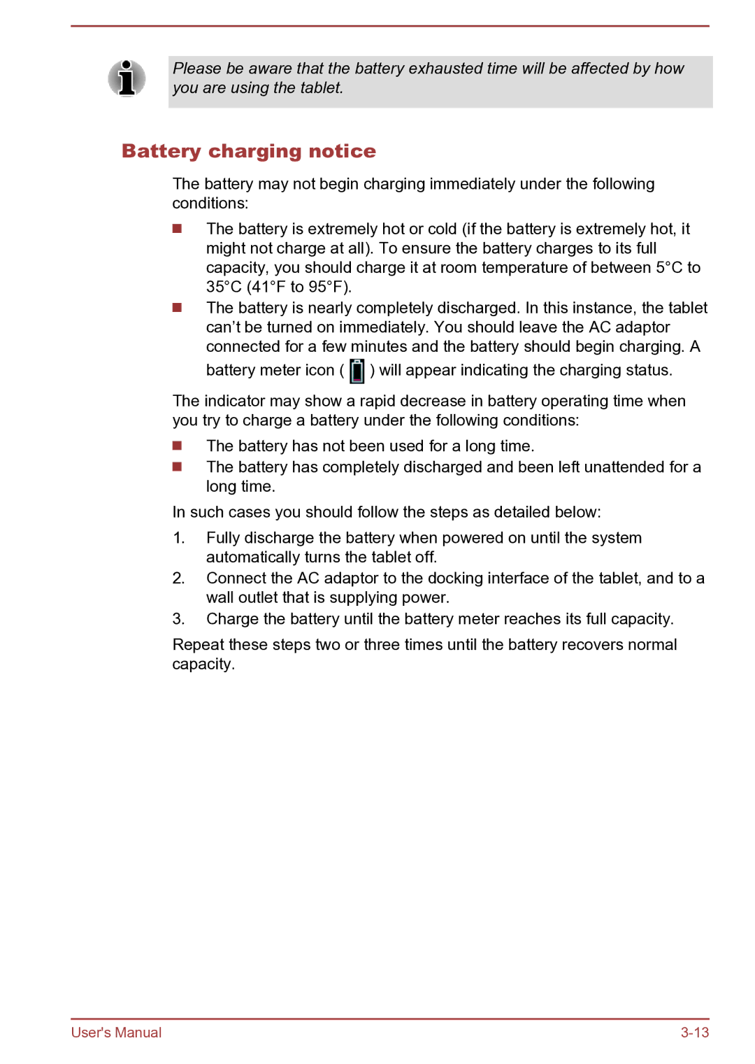 Toshiba AT270 user manual Battery charging notice 