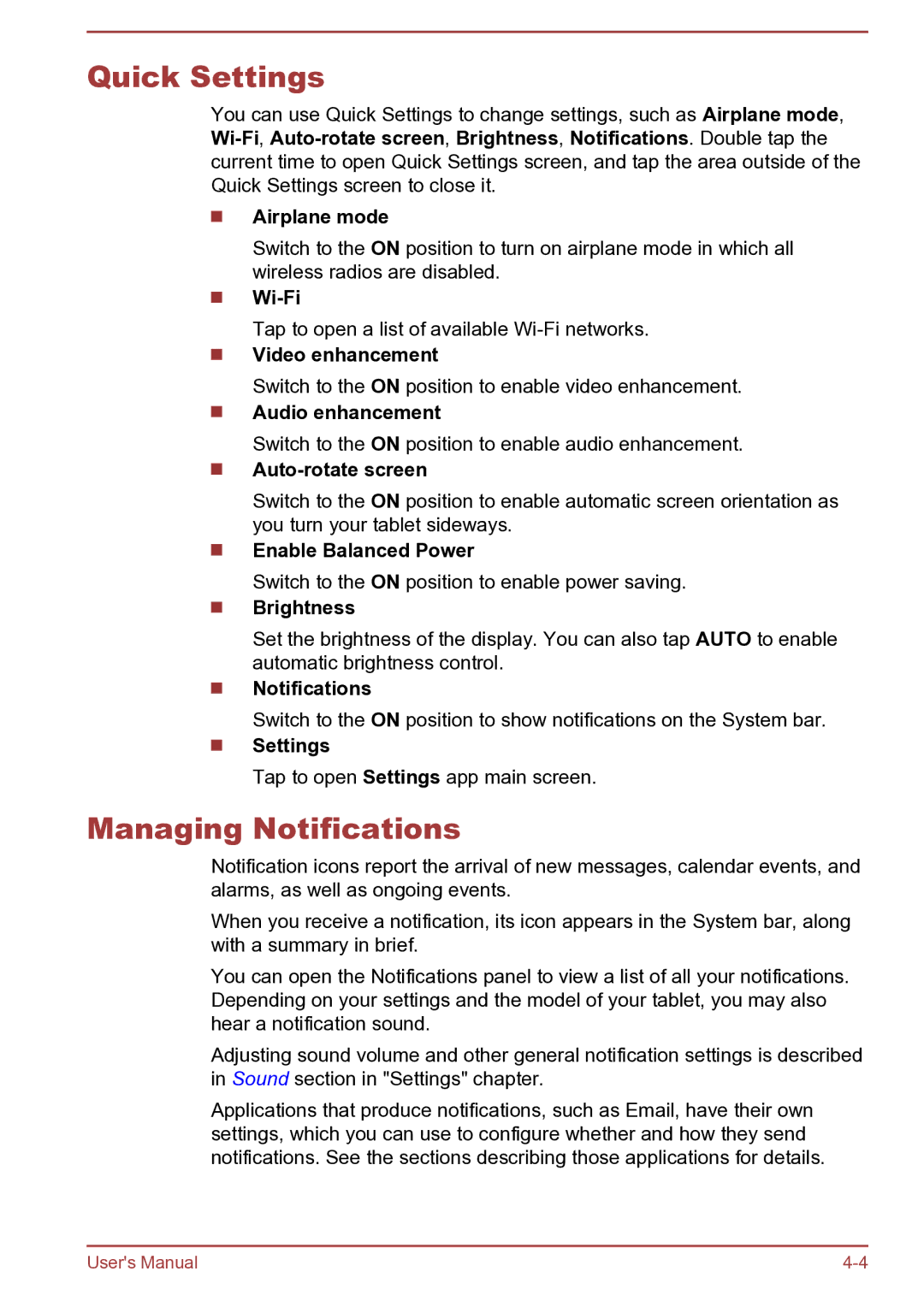 Toshiba AT270 user manual Quick Settings, Managing Notifications 