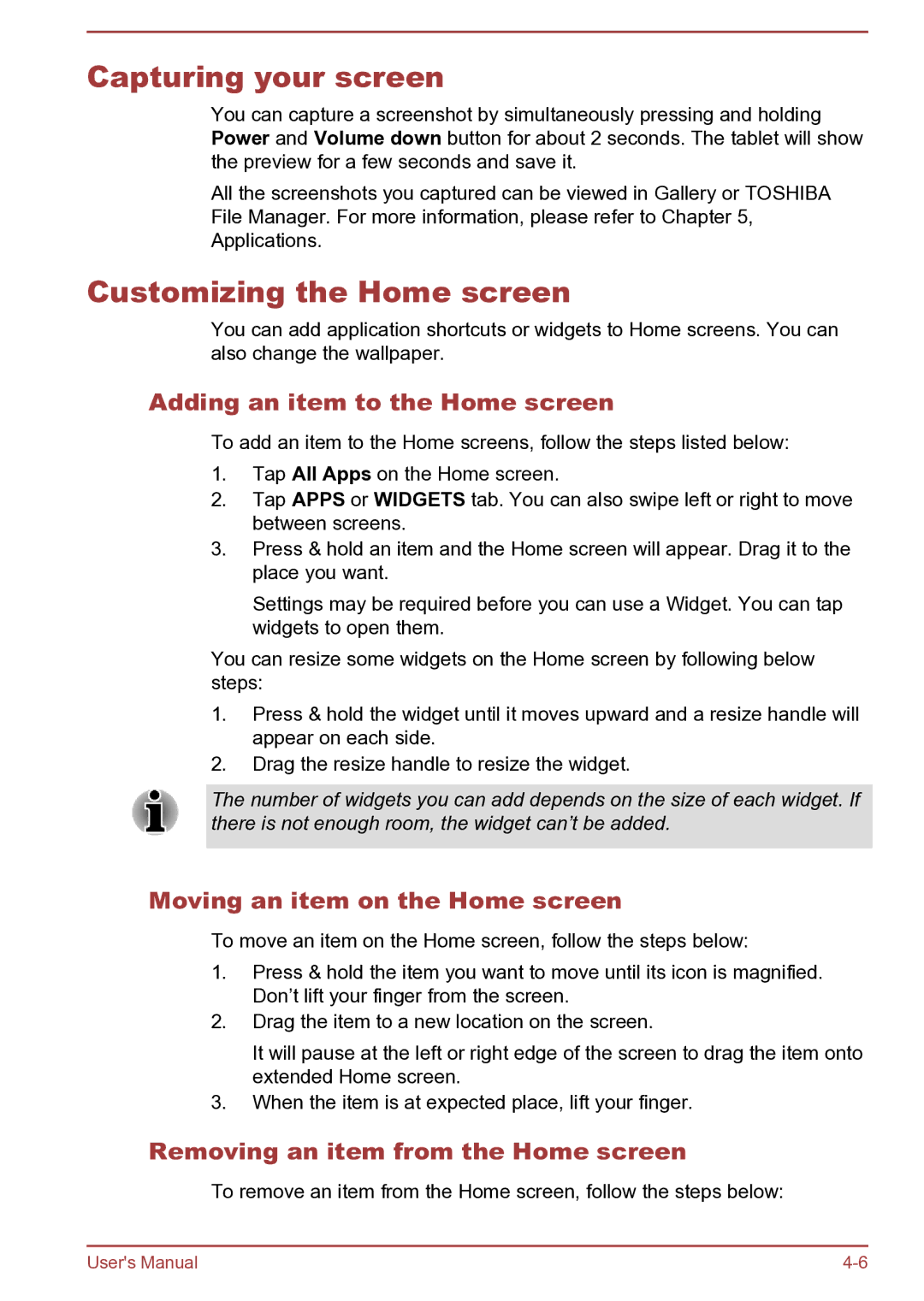 Toshiba AT270 user manual Capturing your screen, Customizing the Home screen, Adding an item to the Home screen 