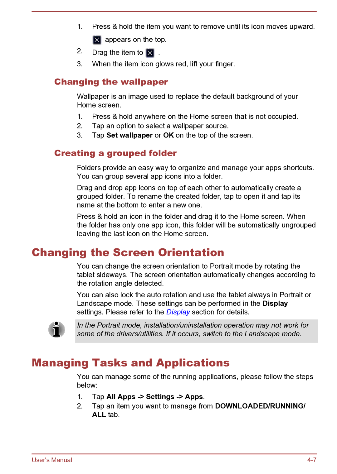 Toshiba AT270 user manual Changing the Screen Orientation, Managing Tasks and Applications, Changing the wallpaper 