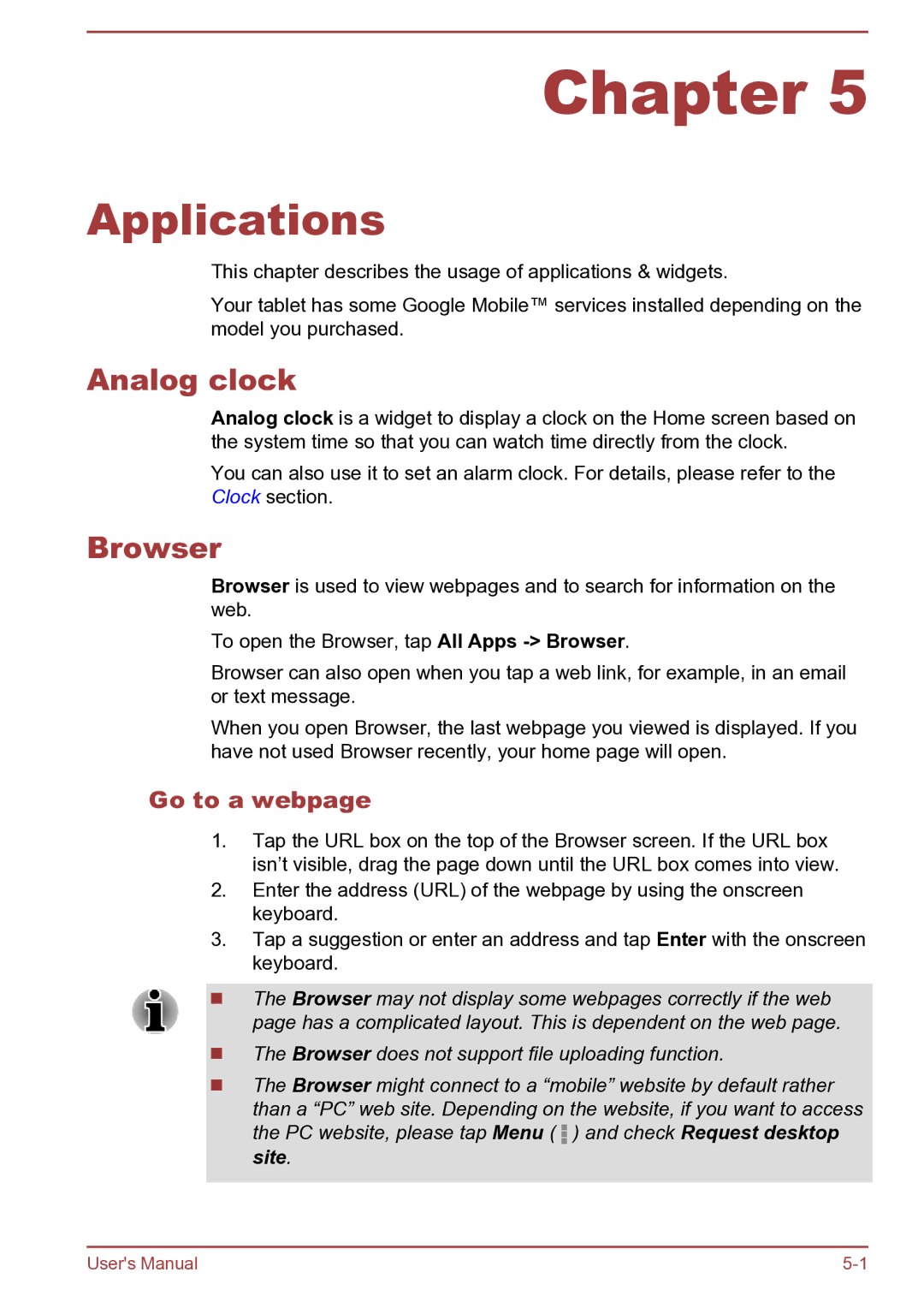 Toshiba AT270 user manual Applications, Analog clock, Browser, Go to a webpage 