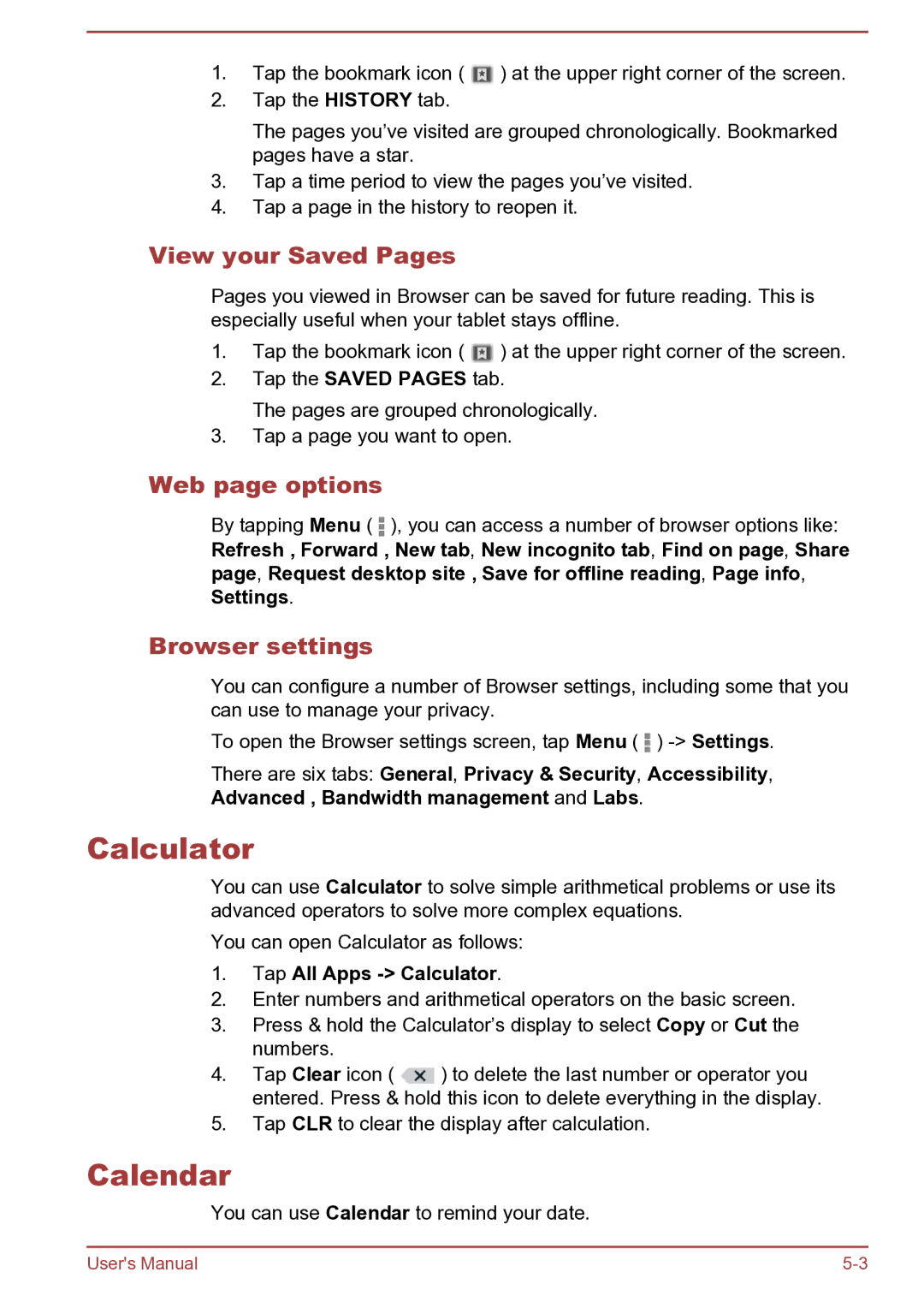 Toshiba AT270 user manual Calculator, Calendar, View your Saved Pages, Web page options, Browser settings 