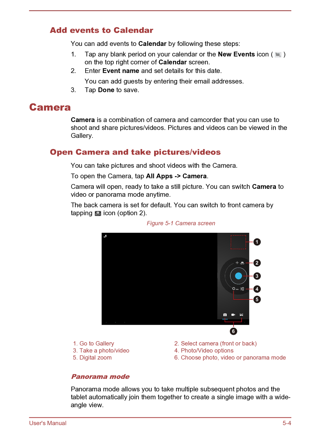 Toshiba AT270 user manual Add events to Calendar, Open Camera and take pictures/videos, Panorama mode 