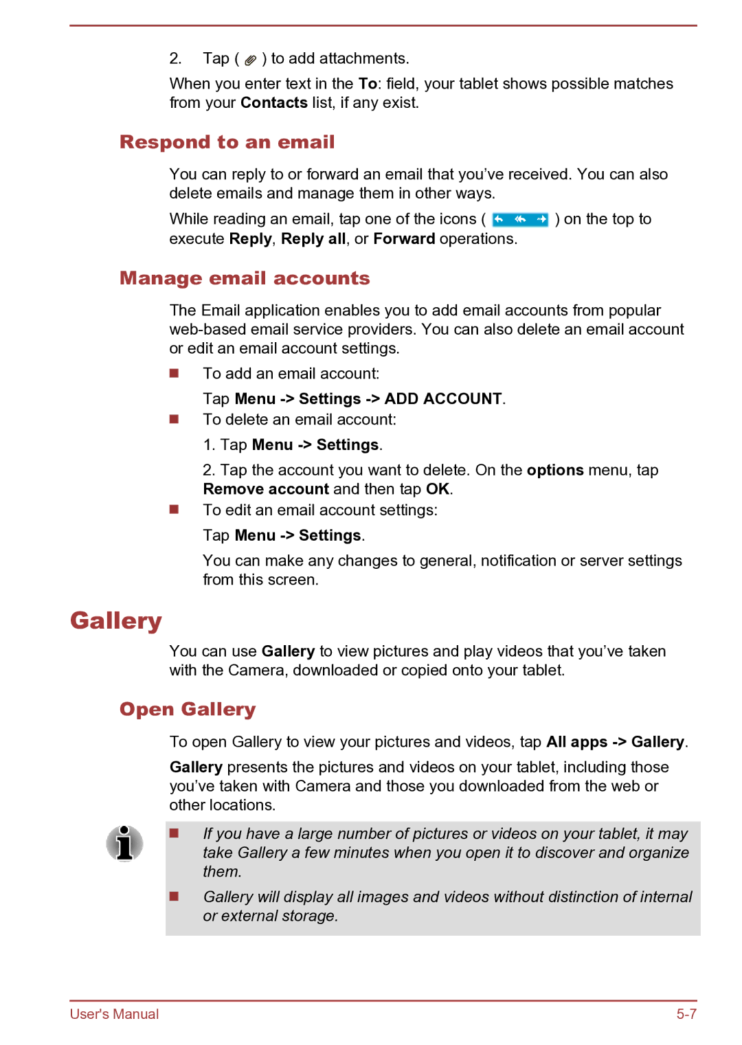 Toshiba AT270 user manual Respond to an email, Manage email accounts, Open Gallery 