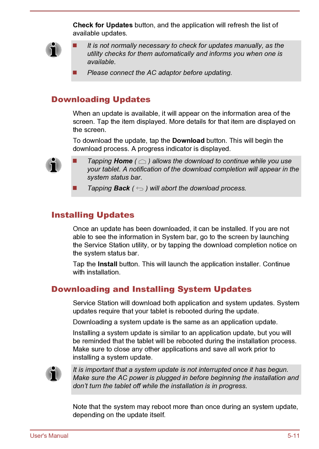 Toshiba AT270 user manual Downloading Updates, Installing Updates, Downloading and Installing System Updates 