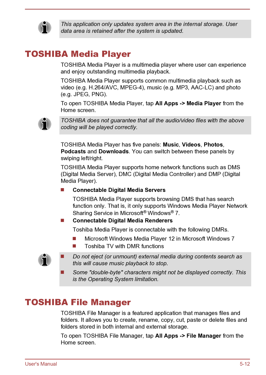 Toshiba AT270 user manual Toshiba Media Player, Toshiba File Manager, Connectable Digital Media Servers 