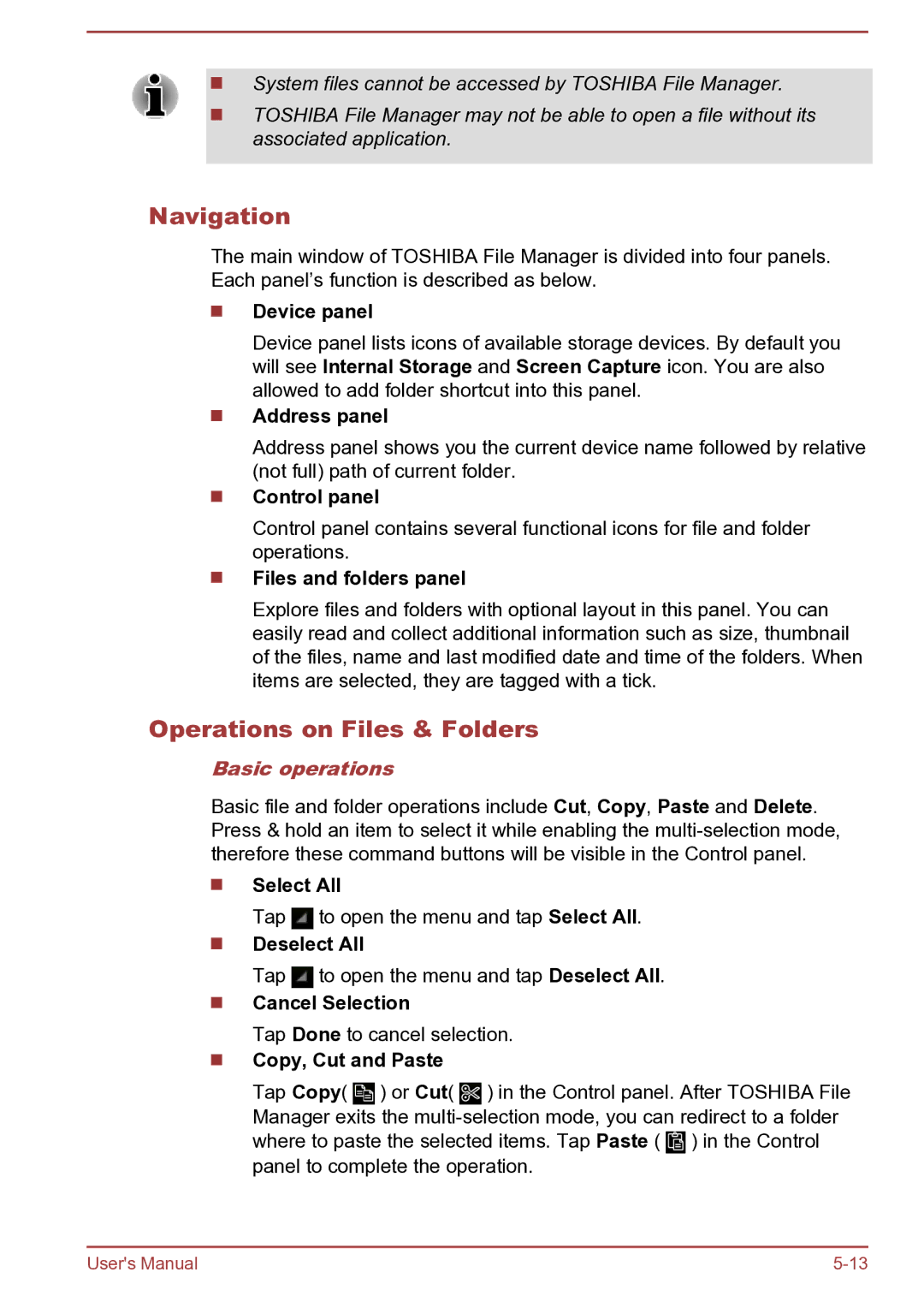 Toshiba AT270 user manual Navigation, Operations on Files & Folders, Basic operations 