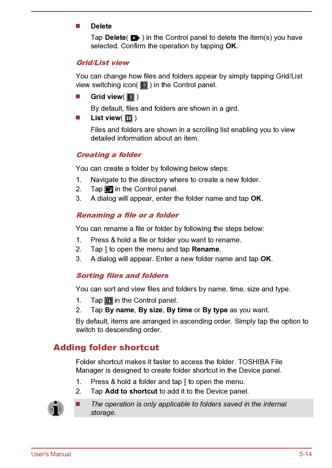 Toshiba AT270 user manual Adding folder shortcut, Grid/List view, Creating a folder, Renaming a file or a folder 