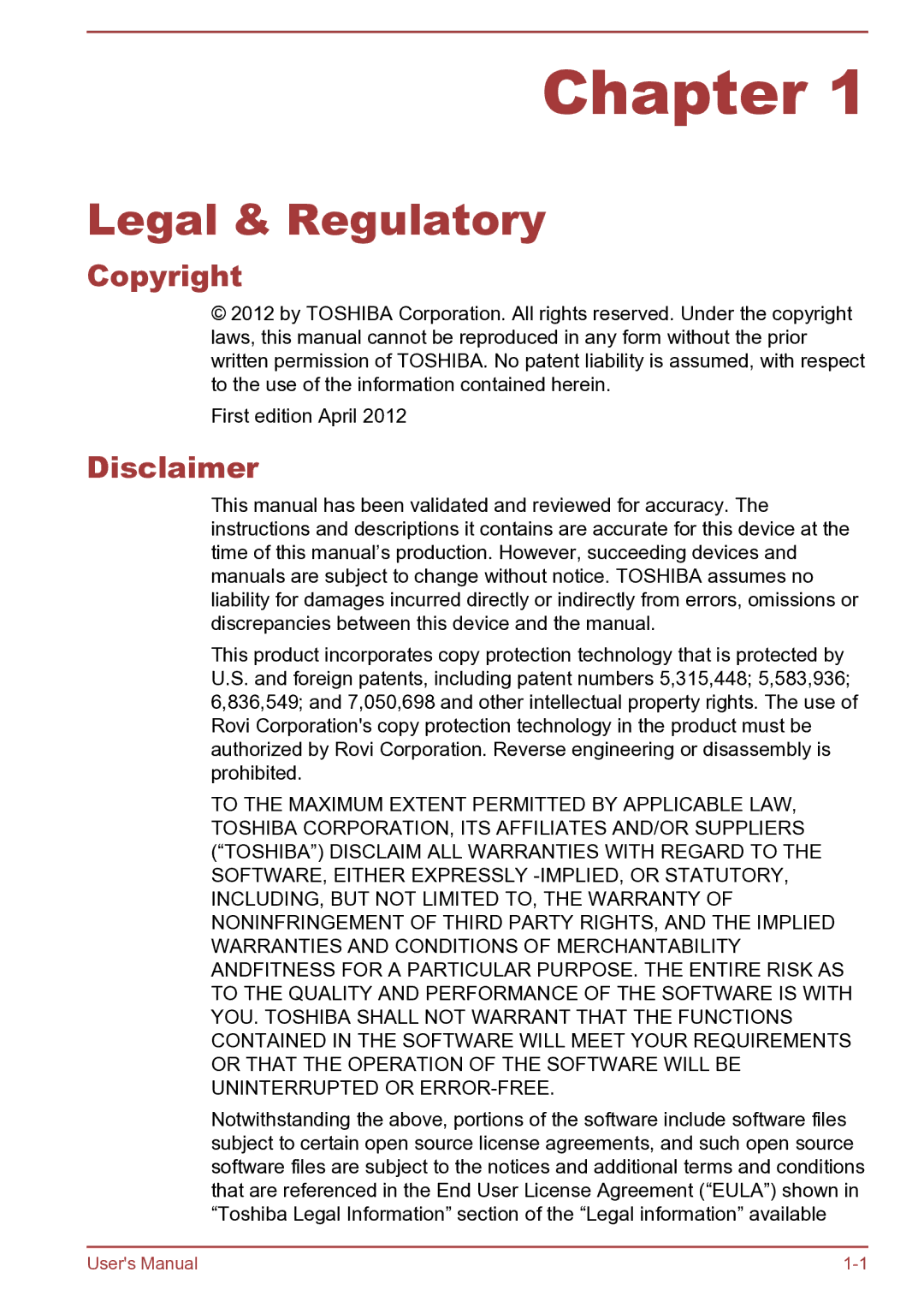 Toshiba AT270 user manual Legal & Regulatory, Copyright, Disclaimer 